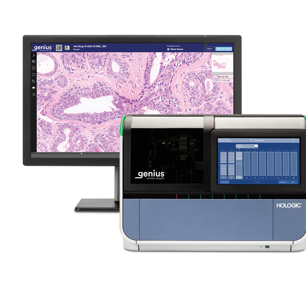 Genius Digital Diagnostics Imager and monitor being used for pathology analysis