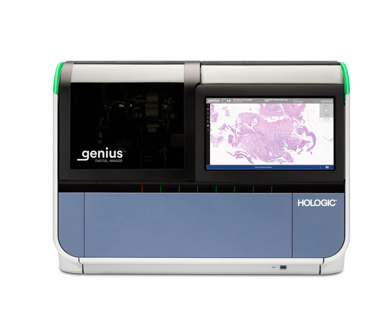 Genius digital imager on white background with a histology image on display